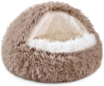 Cat Bed Round Soft Plush Burrowing Cave Hooded Cat Bed Donut for Dogs & Cats, Faux Fur Cuddler Round Comfortable Self Warming pet Bed, Machine Washabl (Color: Brown, size: 20 'for cat up to 15 lbs)